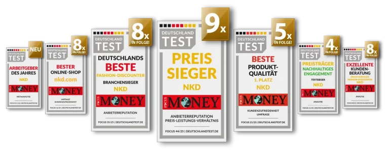 Siegelparade mit 8x bester Fashiondiscounter, 8x in Folge beste Kundenberatung, 5x in Folge höchste Produktqualität, NEU: Arbeitgeber des Jahres, 8x Preissieger, 4x in Folge nachhaltiges Engagement und 8x in Folge bester Onlineshop