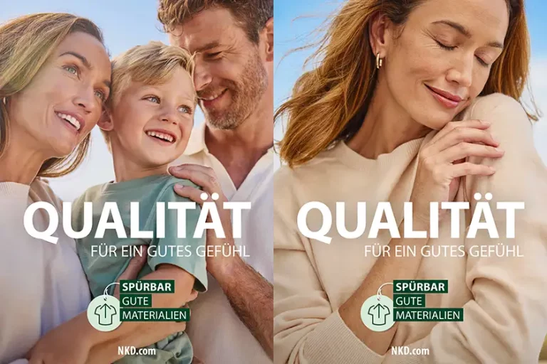 Collage aus zwei Bildern, die "Qualität" verkörpern. Links eine Familie, rechts eine Frau, jeweils gekleidet aus dem NKD Sortiment.