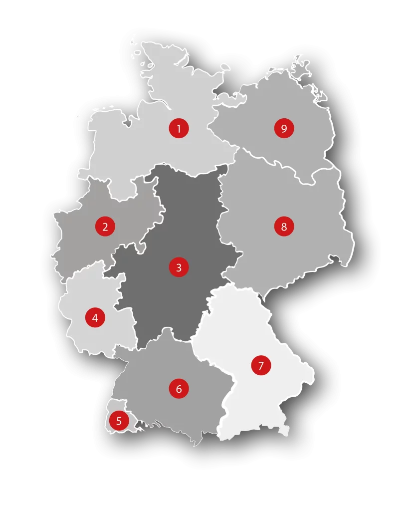 Deutschlandkarte mit den neun Regionen von eins bis neun.
