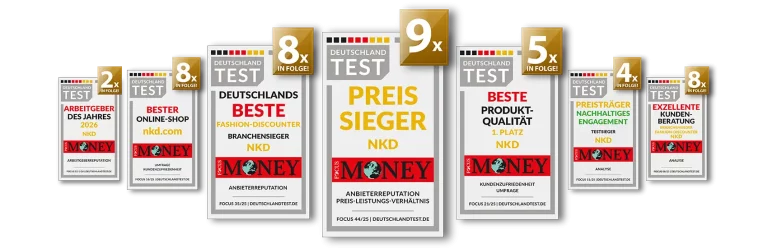 Siegelparade mit 8x bester Fashiondiscounter, 8x in Folge beste Kundenberatung, 5x in Folge höchste Produktqualität, 2x: Arbeitgeber des Jahres, 9x Preissieger, 4x in Folge nachhaltiges Engagement und 8x in Folge bester Onlineshop