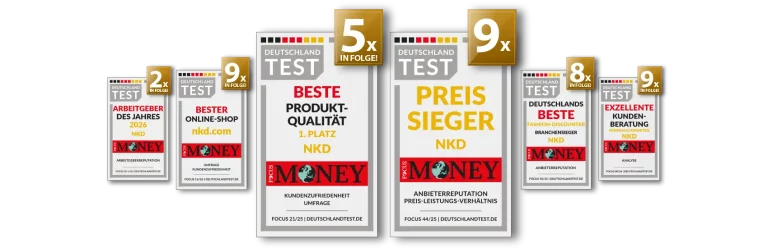 Siegelparade mit 2x Arbeitgeber des Jahres, 9x in Folge bester Onlineshop, 5x in Folge höchste Produktqualität, 9x Preissieger, 8x in Folge bester Fashion-Discounter und 9x in Folge beste Kundenberatung.